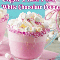 Sugar Plum Fairy White Chocolate Hot Cocoa in a cup.