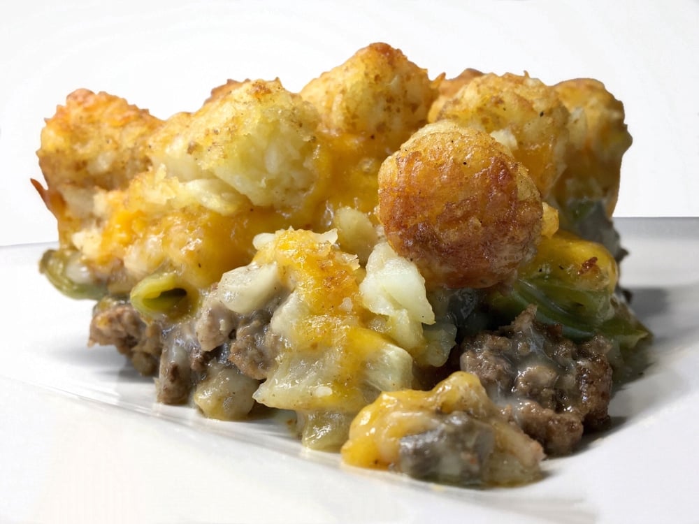 Tater Tot Casserole on a White Plate