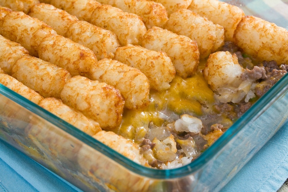 Fresh Baked Tater Tot Casserole in a glass baking dish