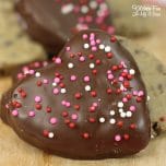 Chocolate Chip Cookie Dough Hearts are an adorable snack for Valentine's Day. This eggless cookie dough dipped in Ghirardelli chocolate is delicious!