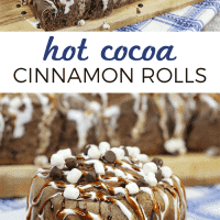 Hot chocolate cinnamon rolls with chocolate sauce and mini marshmallows.