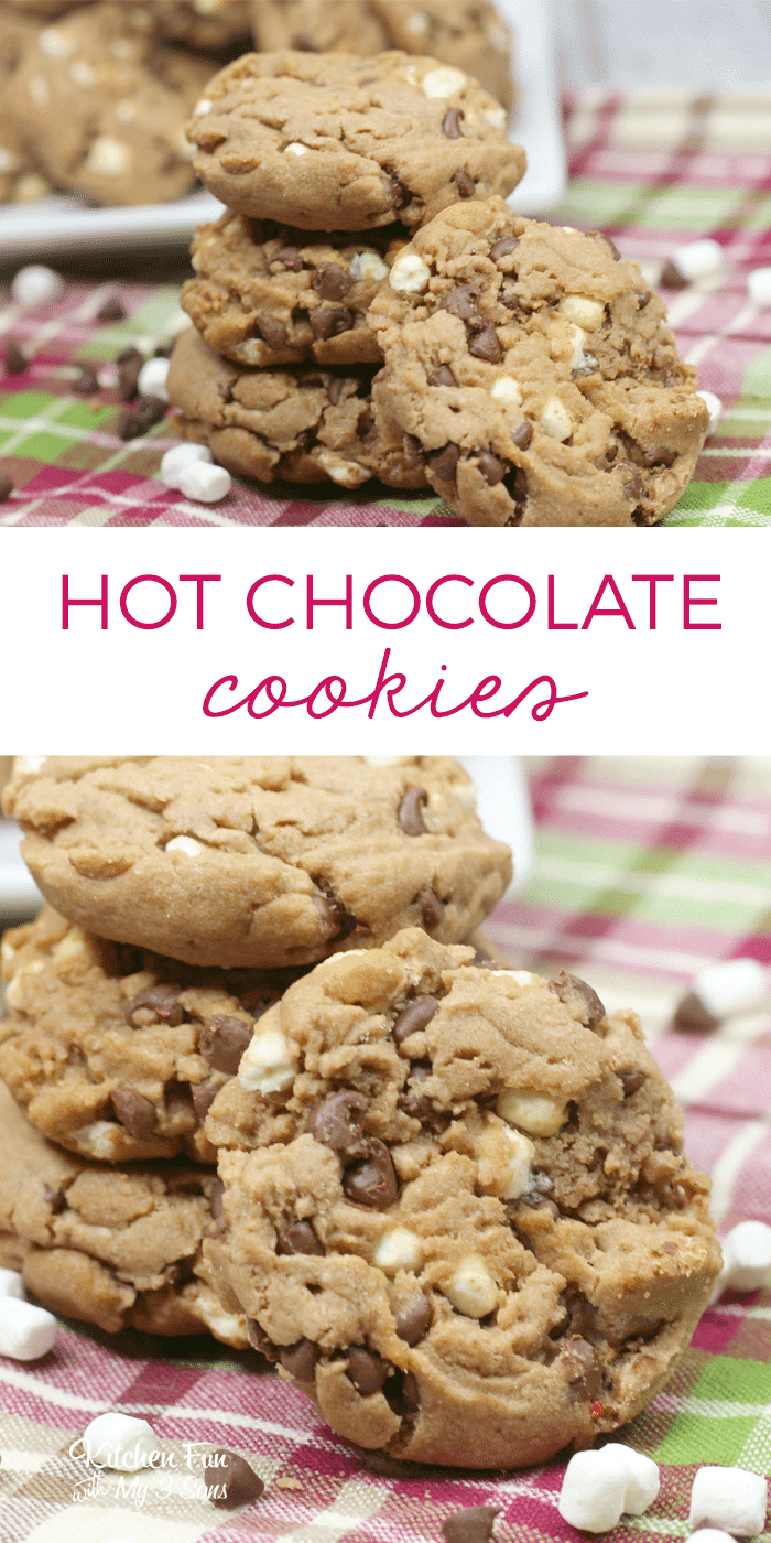 These hot chocolate cookies with bits of marshmallows mini chocolate chips are literally made with hot cocoa. These are the best winter cookie recipe ever!