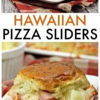 Hawaiian pizza sliders with pineapple chunks and ham.