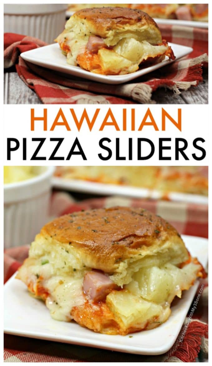 These Hawaiian pizza sliders recipe is one of my favorite easy dinners with chunks of ham and pineapple on sweet rolls.