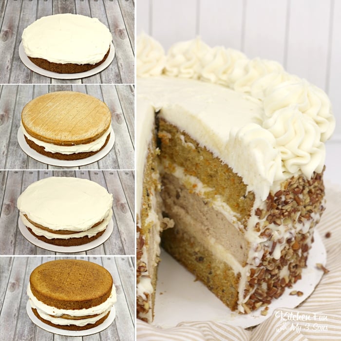 This Carrot Cake recipe is layered with moist cake, cream cheese frosting and cheesecake. This is the best way to make a carrot cake!