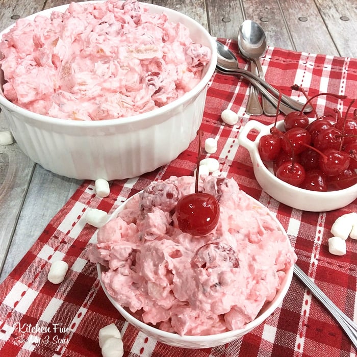 Cherry Fluff Salad is a yummy side dish recipe for summer BBQ's. Everyone loves this delicious fruit salad.
