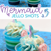 These Mermaid Jello Shots will be such a fun addition to your next party. Layered with colorful coconut rum jello and topped with a homemade whipped cream.