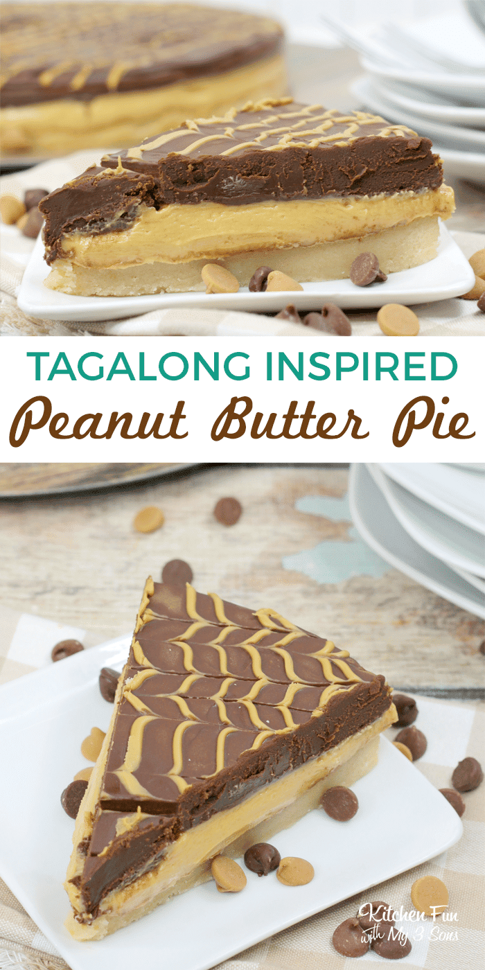 This Peanut Butter Pie recipe is inspired by our love of the Tagalong Girl Scout cookies. With one thick layer of peanut butter and one layer of delicious chocolate ganache, you will love this dessert!