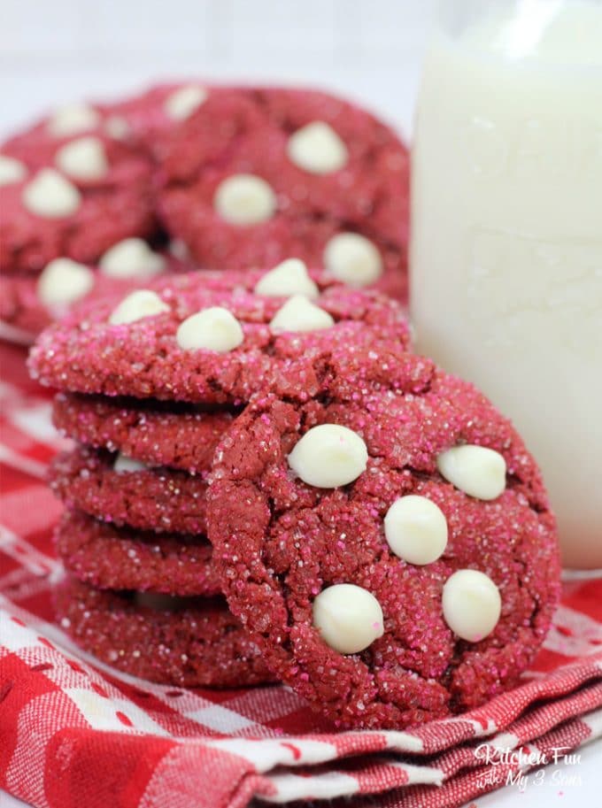 Red Velvet White Chocolate Chip Cookies are a great dessert to make for Valentine's Day. These cookies are moist and chewy just like a good cookie should be!