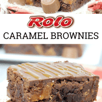 Rolo Brownies with caramel sauce and Rolo candy.