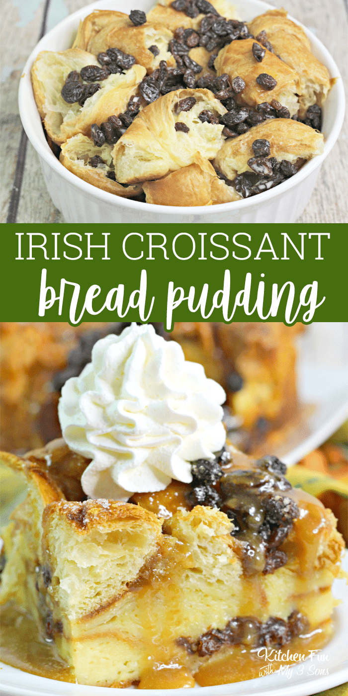 Irish Croissant Bread Pudding is a delicious dessert for St. Patrick's Day. The flaky croissants soaked in a delicious sauce and whiskey. 