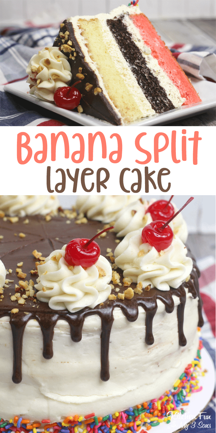 Banana Split Cake with layers of strawberry, vanilla and chocolate cake that looks like real ice cream is dripping on top. Yum!