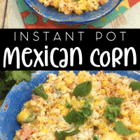 Mexican corn with jalapenos in a blue bowl.