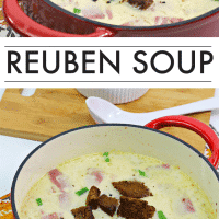 Reuben soup with corned beef, sauerkraut, and swiss cheese.