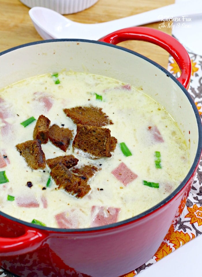 Reuben Soup with corn beef and sauerkraut together with chicken broth and swiss cheese makes a recipe that will put you in mind of the uber-famous sandwich.