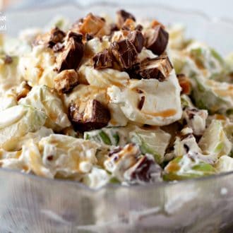 Snicker Apple Salad is an incredibly easy dessert that is a hit with everyone. This is my go-to treat for every BBQ I ever attend!