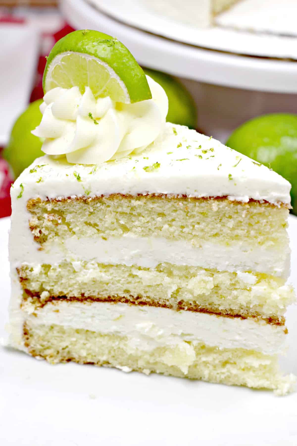 A slice of margarita cake on a white plate