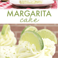 Triple layer margarita cake topped with lime slices.