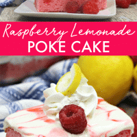 Raspberry lemonade poke cake slices with a raspberries and lemon peel.
