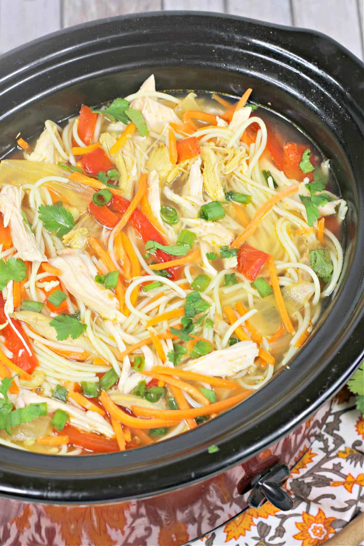 top view of asian chicken noodle soup in a crockpot