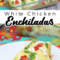 Pinterest graphic with two photos of white chicken enchiladas