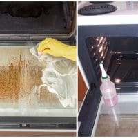 Photo collage for DIY oven cleaner featuring a photo of a dirty oven being cleaned, and a sparkling clean oven.