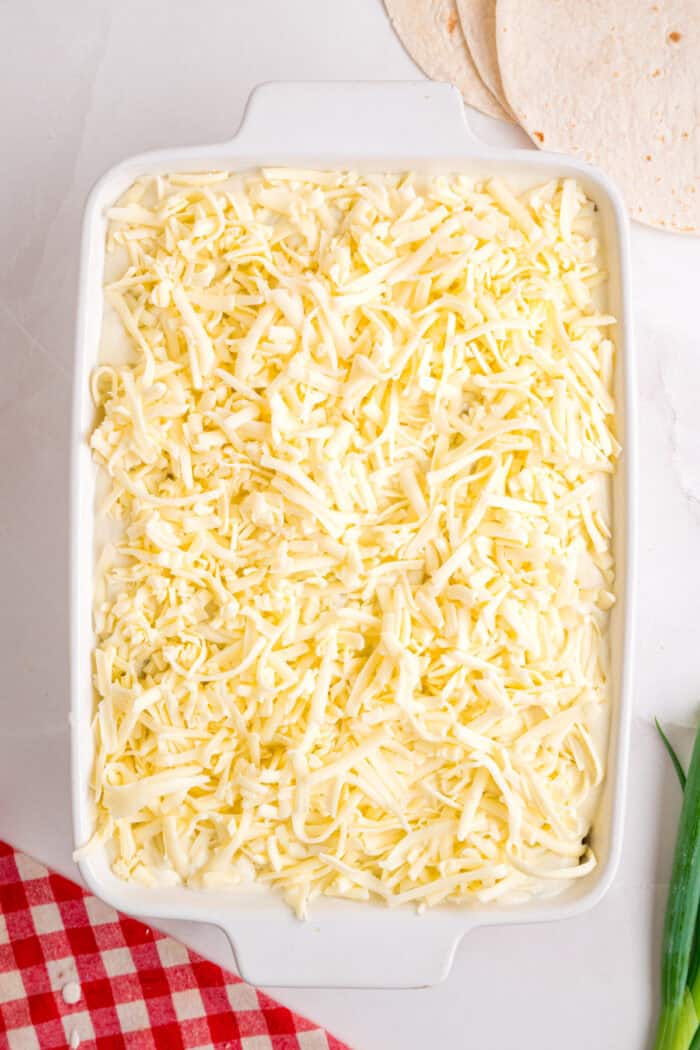 These White Chicken Enchiladas are made with rotisserie chicken, shredded cheese, and a simple sauce made with sour cream and green chiles. shredded cheese on top of enchiladas in a baking dish