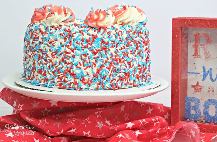 A Patriotic Layered Cake is a fun and festive dessert for the 4th of July! If you need a red, white and blue dessert to this Independence day, this is it.
