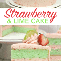 Triple layer strawberry lime cake with strawberry frosting.