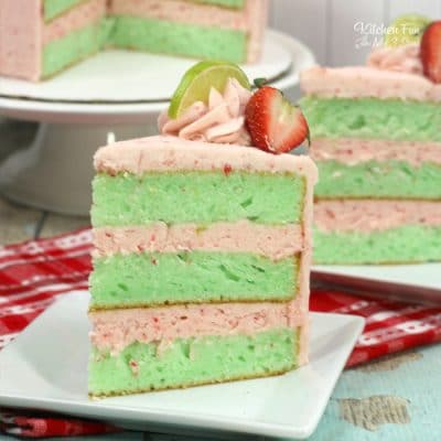 Delicious Strawberry Lime Cake with an easy lime green cake and homemade strawberry frosting. | Yummy cake recipe.