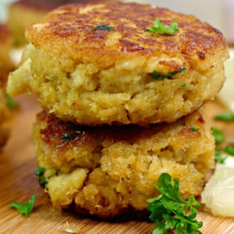 Two crab cakes stacked on each other