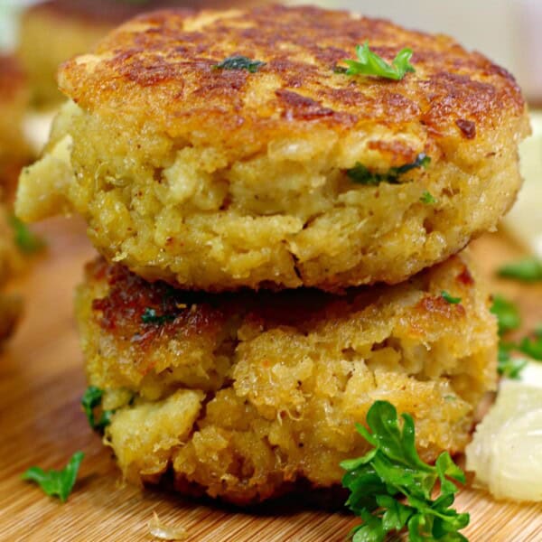 Two crab cakes stacked on each other