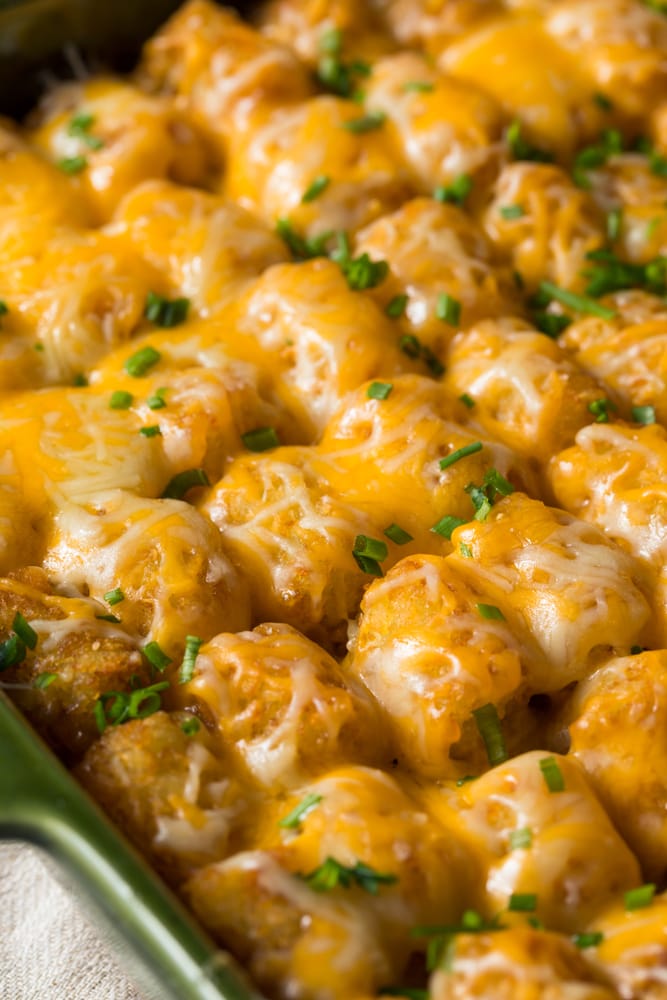 Close-up of cheesy tater tot casserole