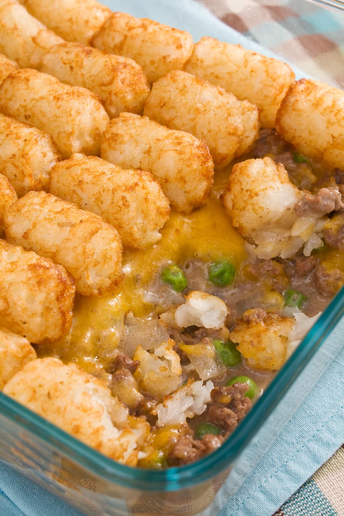 Tater Tot Casserole in a glass baking dish