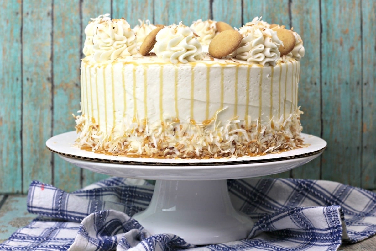 Banana pudding cake on a cake stand