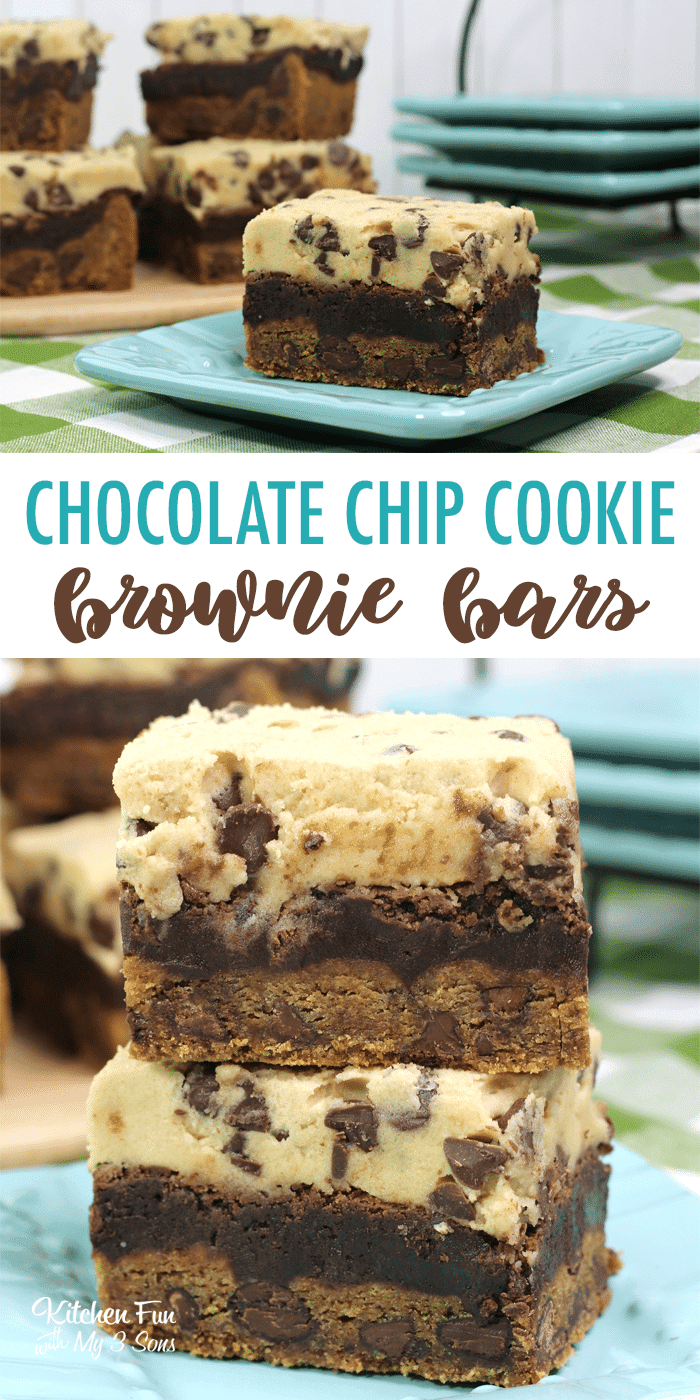 Chocolate Chip Cookie Brownie Bars is a three layer dessert recipe you will adore. Chocolate Chip cookie, topped with a brownie, topped with cookie dough. Such an amazing chocolate dessert!