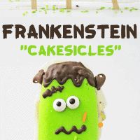 Frankenstein Cakesicles decorated with melted chocolate.