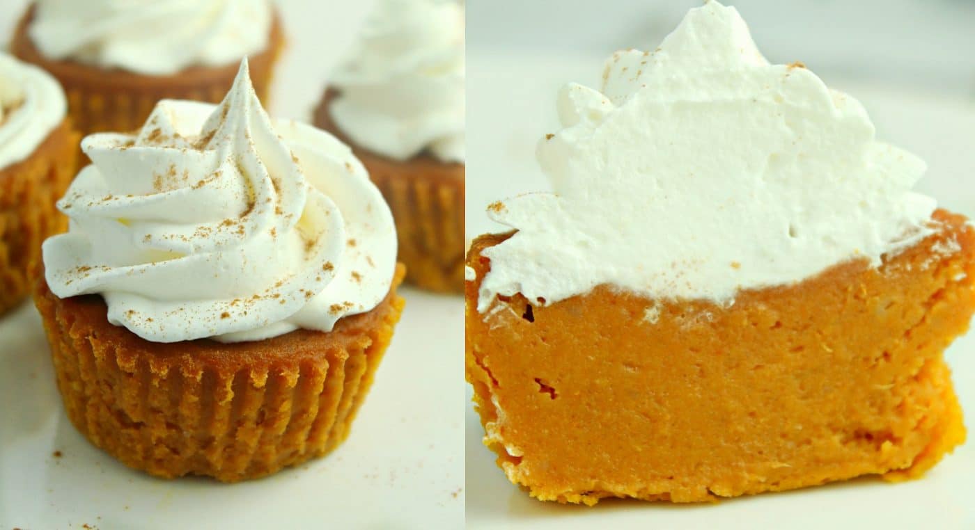 Two photos of pumpkin cupcakes, one showing the cupcake cut in half