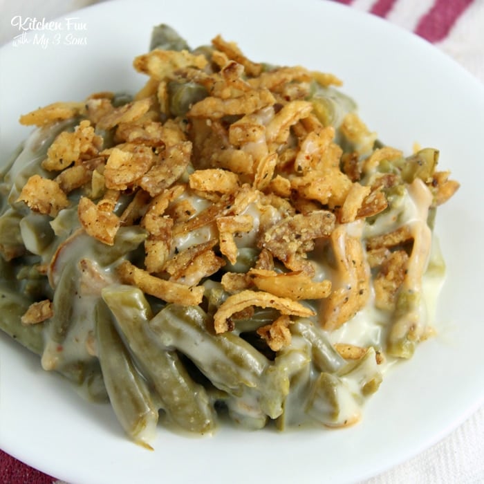 A serving of French's green bean casserole on a white plate