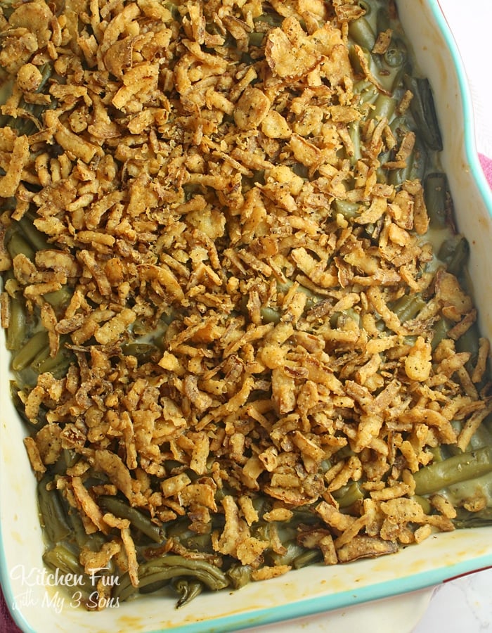 Overhead view of green bean casserole in a baking dish