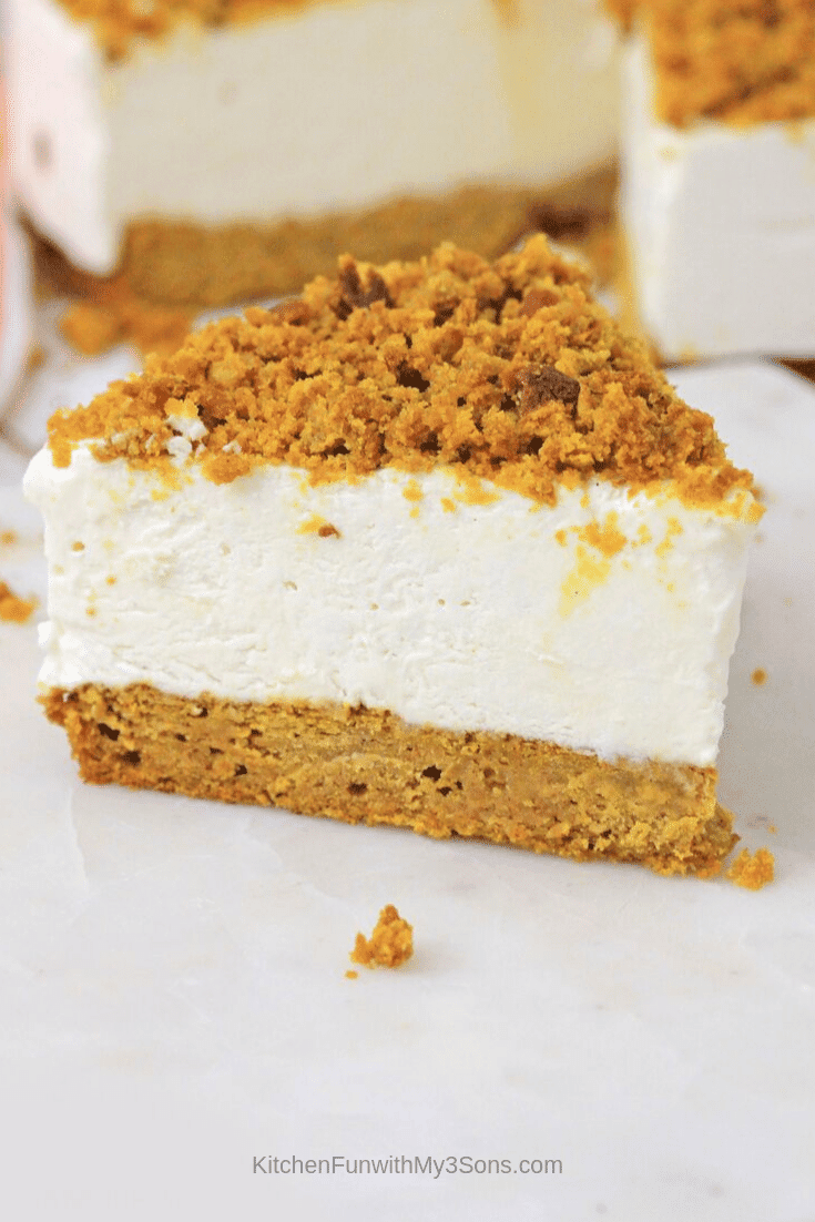 Slice of no bake cheesecake with pumpkin bread crust sitting on a white surface