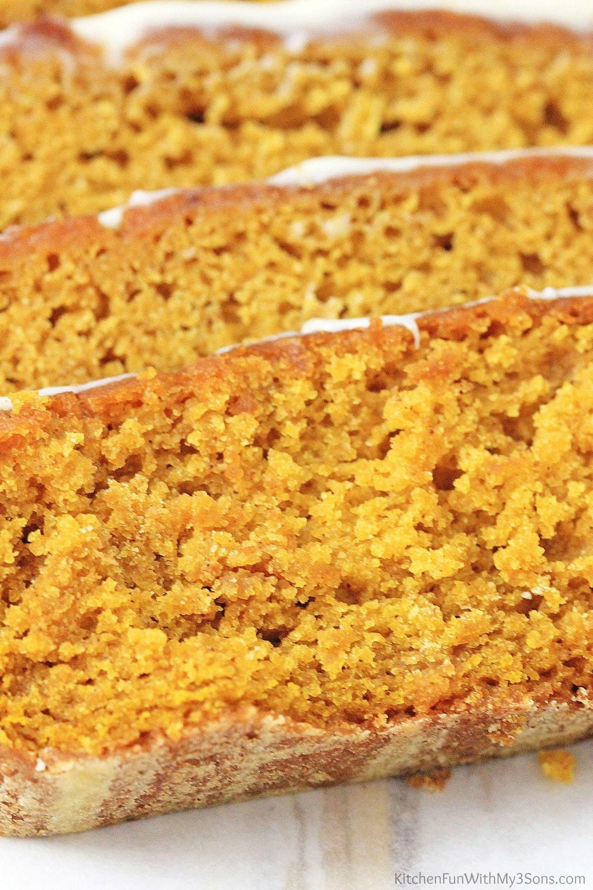 Close up of slices of gluten free pumpkin bread.