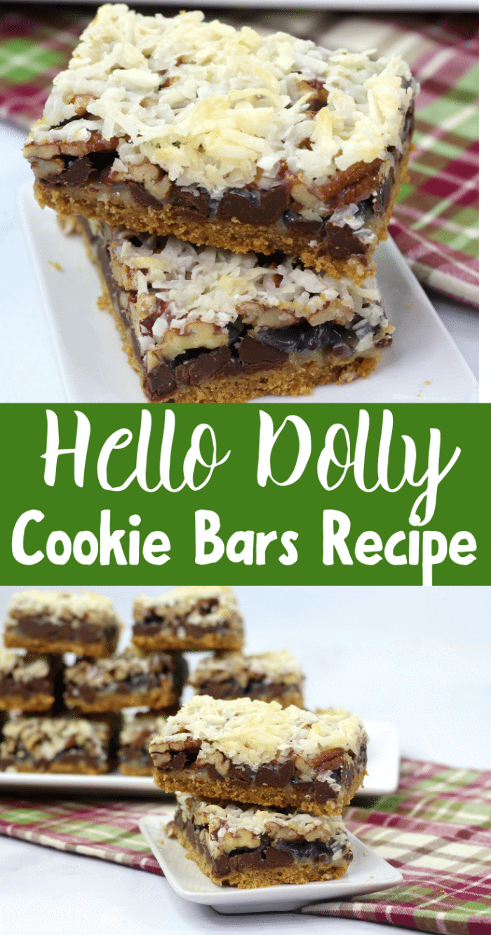 A collage image of hello dolly bars on white plates