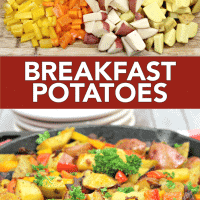 Breakfast potatoes with peppers, eggs, and bacon.