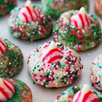Overhead view of candy cane kiss cookies