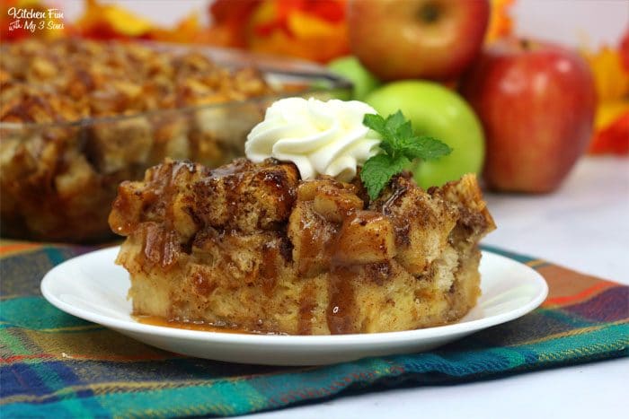 Delicious Fall recipe for Caramel Apple Bread Pudding with delicious apples, apple pie spice and brown sugar.