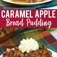 Caramel Apple Bread Pudding on a plate pin