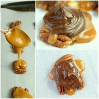 Process shots of how to make chocolate pecan turtle clusters