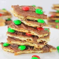 A close up of a stack of Christmas crack toffee