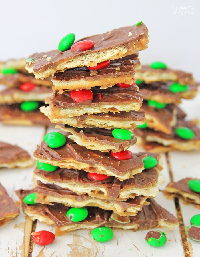 A stack of cracker candy with red and green M&Ms